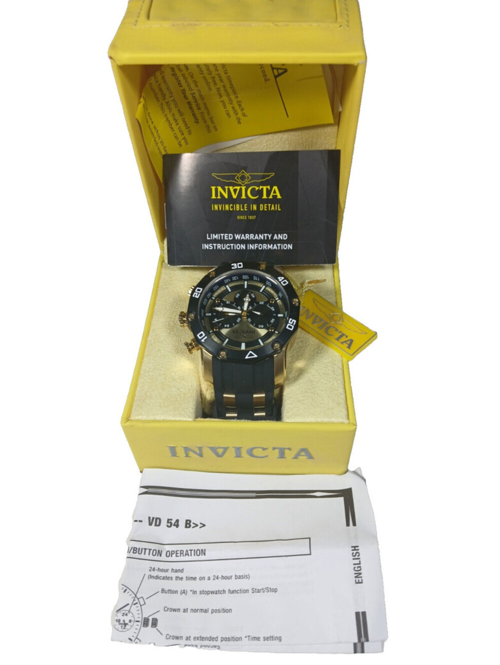 Mens Pro Diver Invicta Watch Model 28754 Stainless Steel Black Gold Face w/box